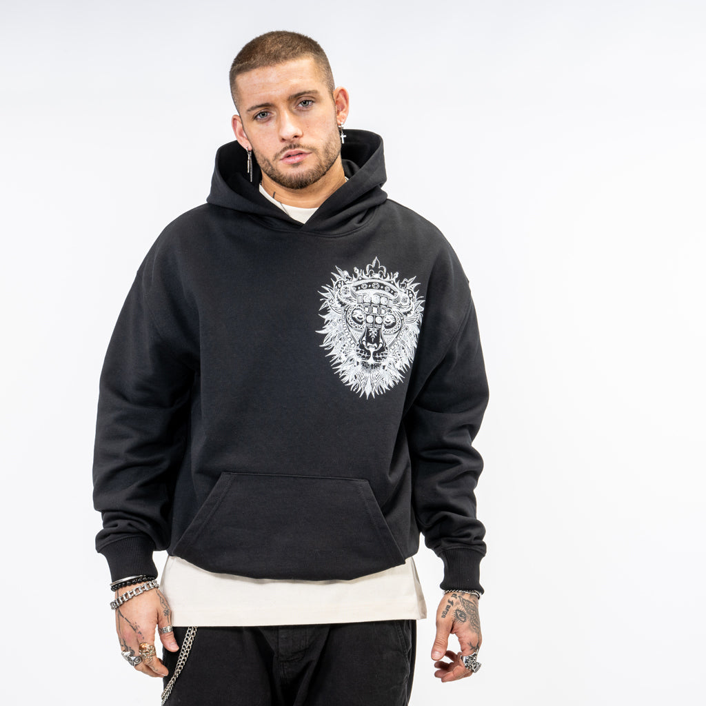 Black Streetwear Hoody with Mid Size Lion Print on Breast