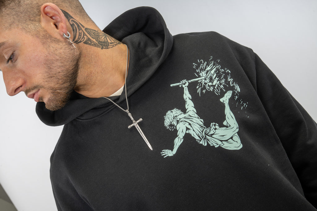 Sage Print front detail on this black hoody