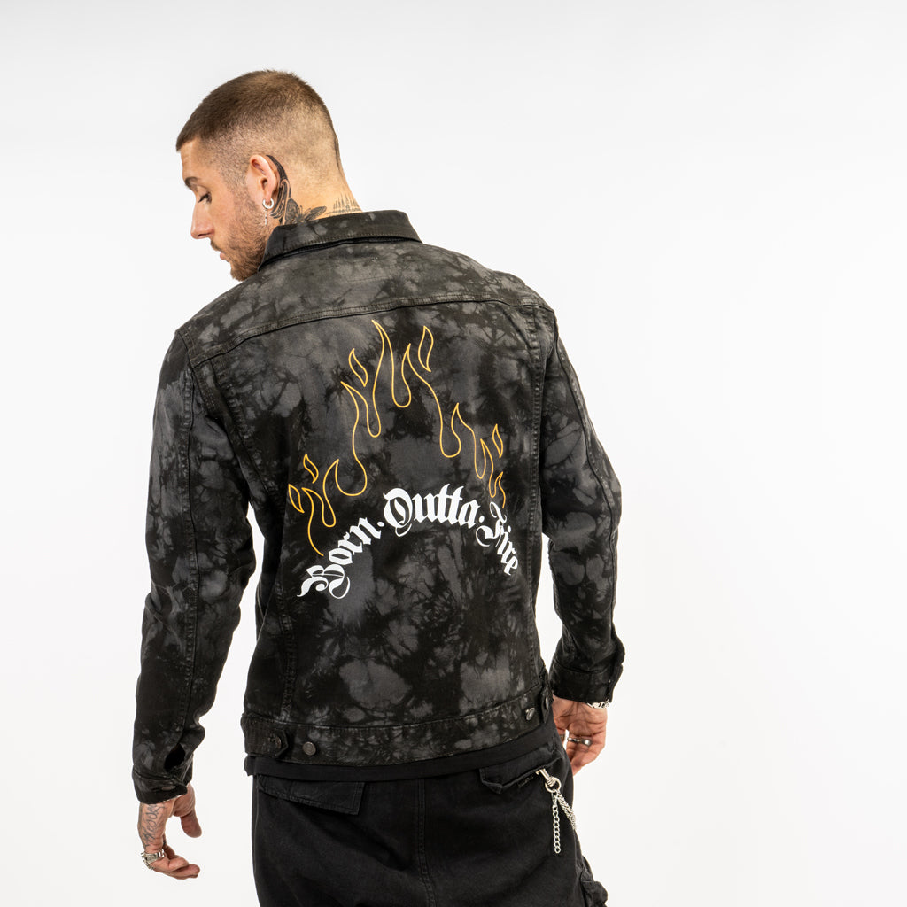 Born Outta Fire flaming letters on back of denim jacket