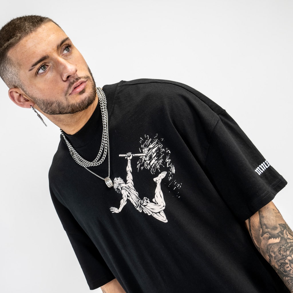 god of fire sand print on oversized black t shirt