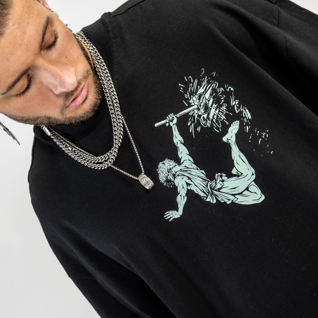 black oversized t shirt with large breast print in aloe green