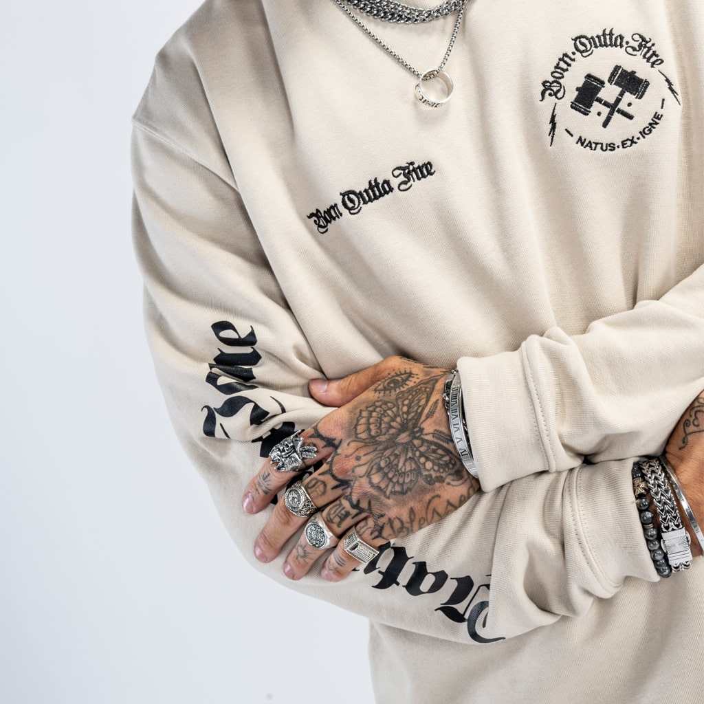 sand sweatshirt arm detail from born outta fire