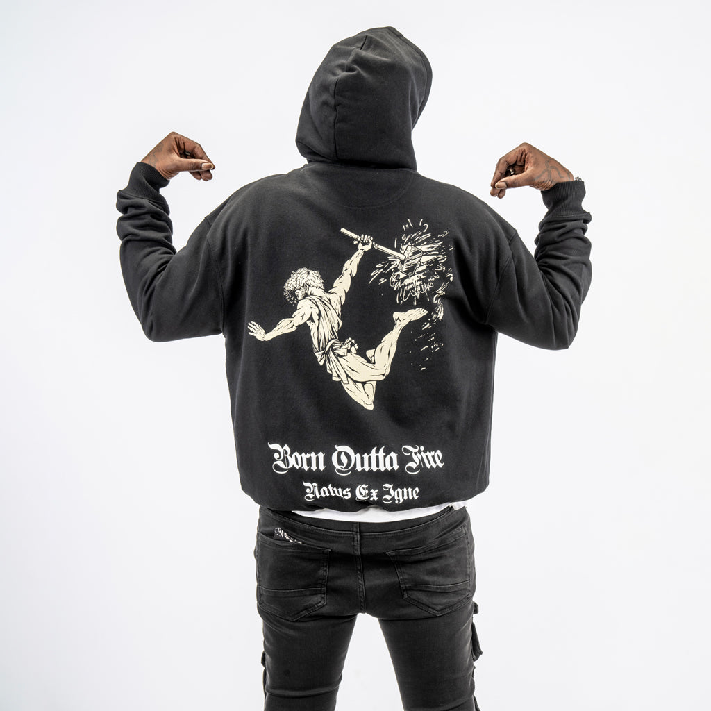 Born Outta Fire Black Vulcan Hoody with Beige Print