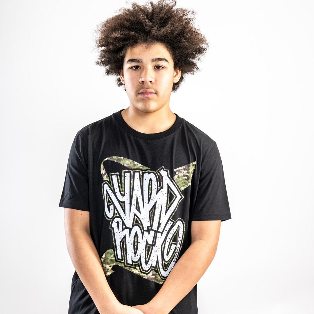 Black Grafitti Tagger T Shirt with Camo