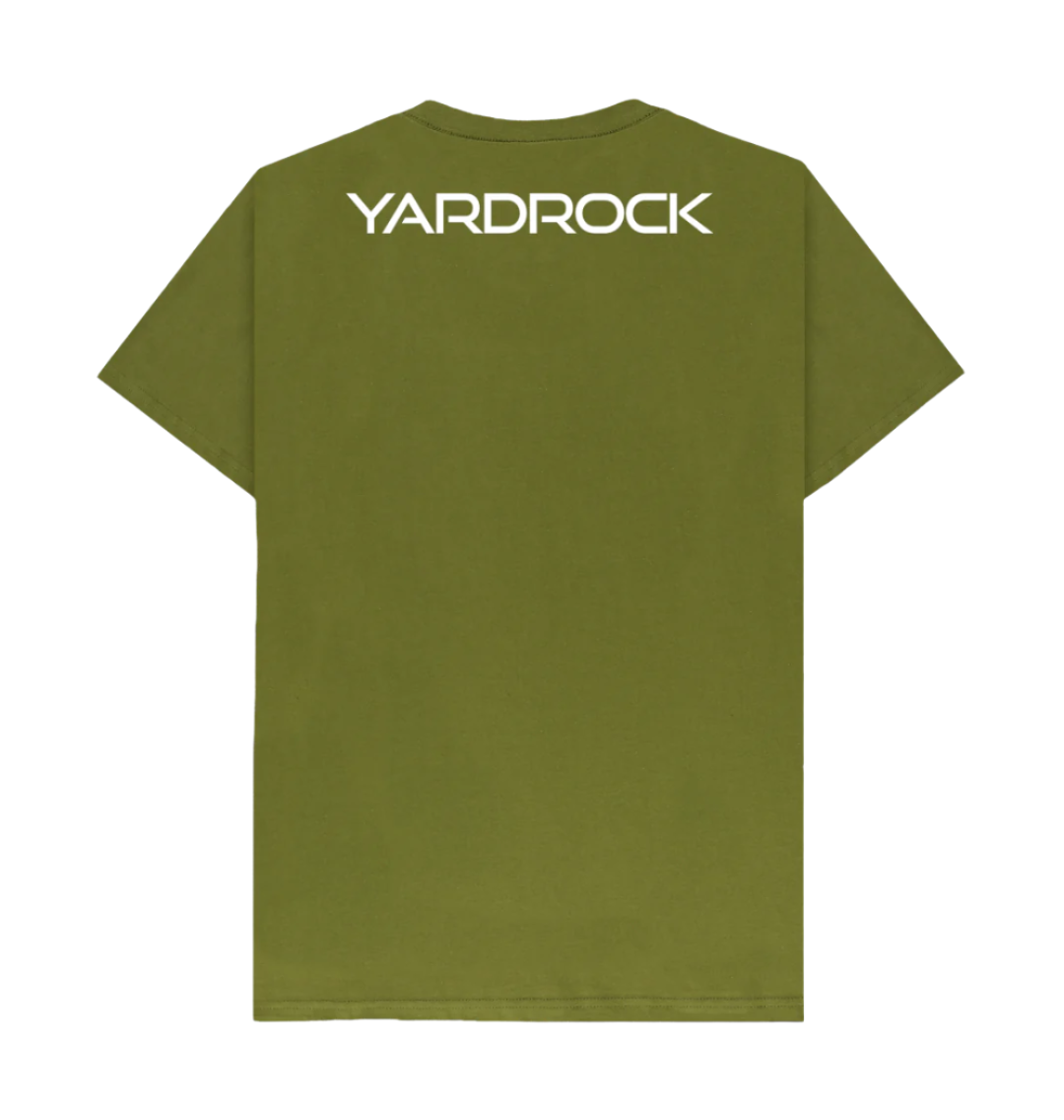 Green Yardrock original logo on back of tee shirt