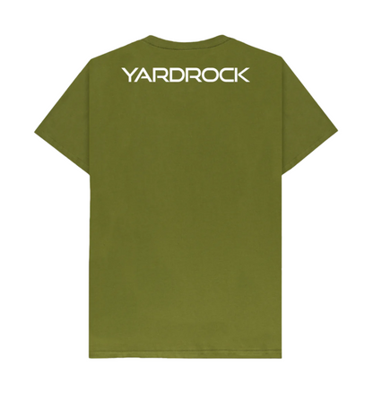 Green Yardrock original logo on back of tee shirt