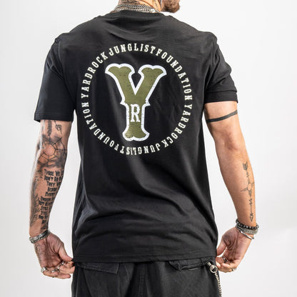 Army Green graphic print on front and back of this yardrock t shirt