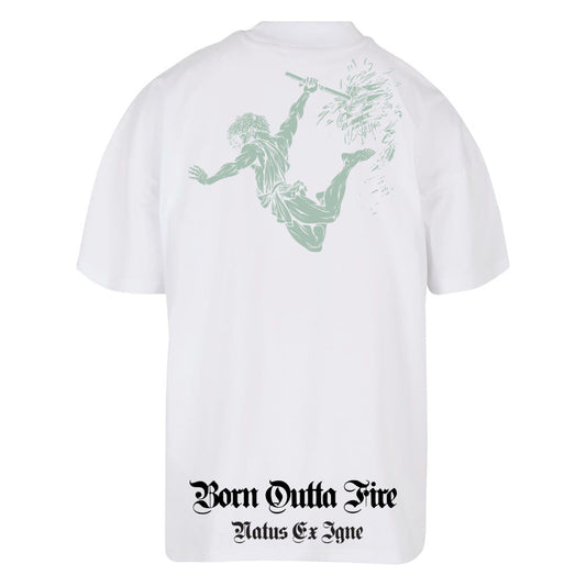 White vulcan god of fire t shirt back in aloe on white