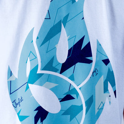 White T-Shirt with blue and white abstract camo flame pattern