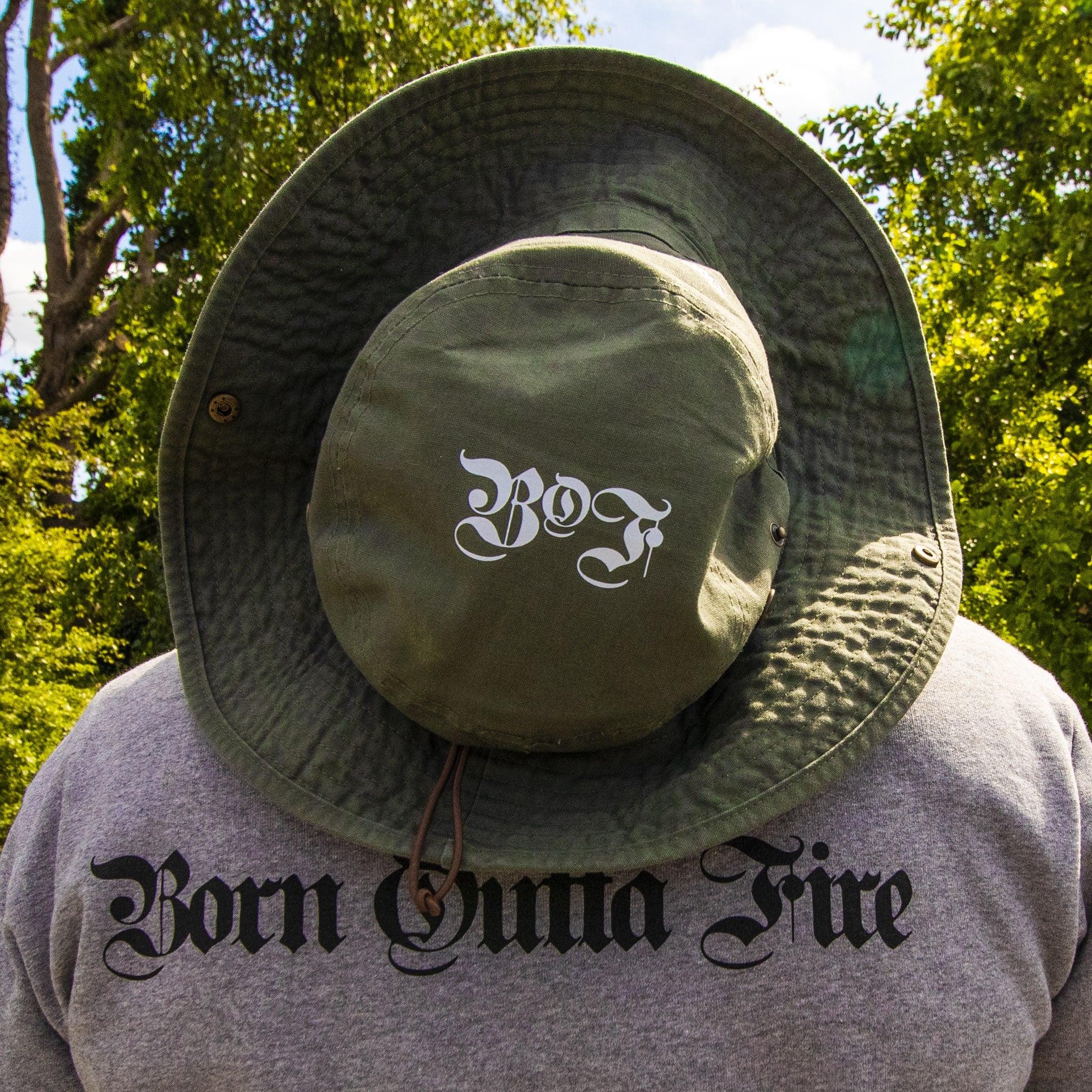 Back of Born outta Fire Festival hat