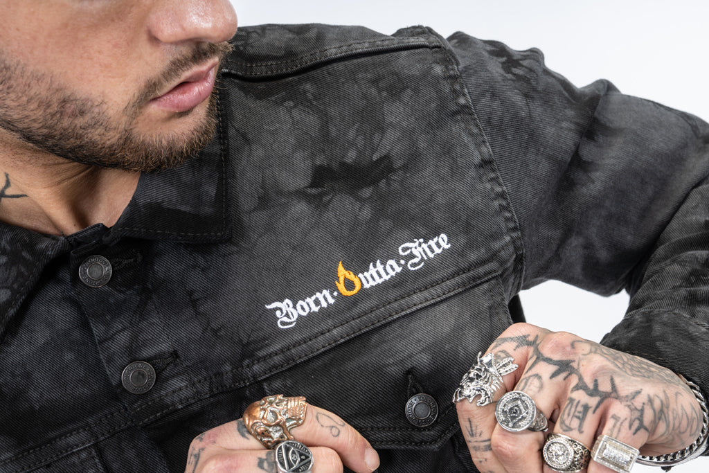 Black Tie-Dyed Born Outta Fire Denim Jacket