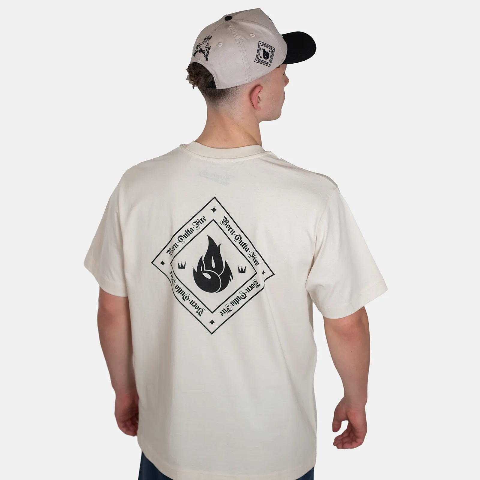 Born Outta Fire Flame Emblem Graphic Tee Natural Back Print - Streetwear T Shirts