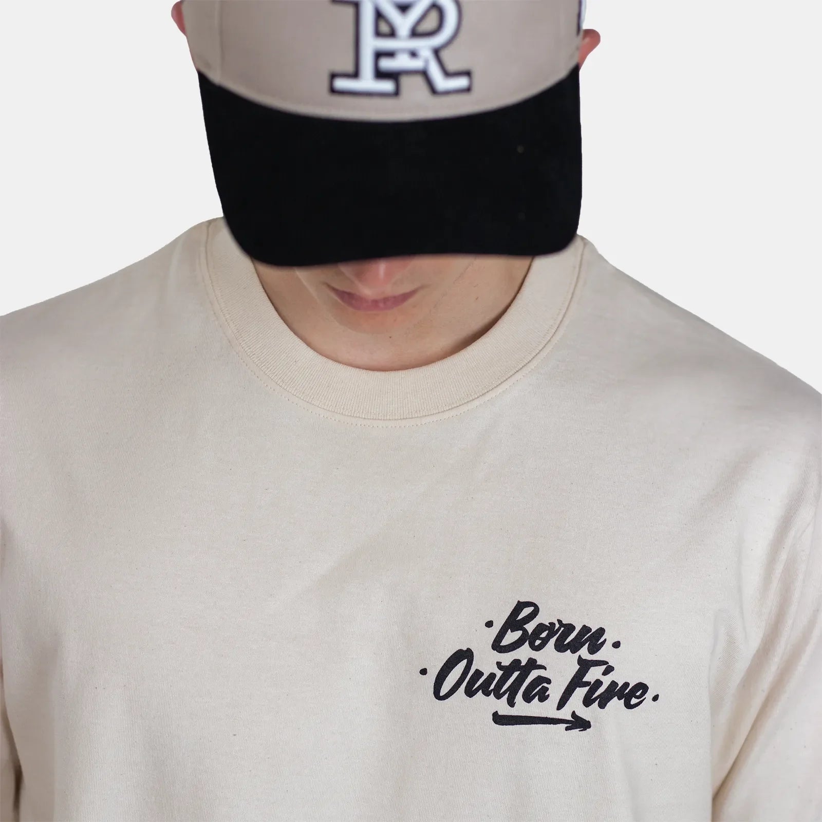 Born Outta Fire Flame Emblem Graphic Tee Natural Front Print - Streetwear T Shirts