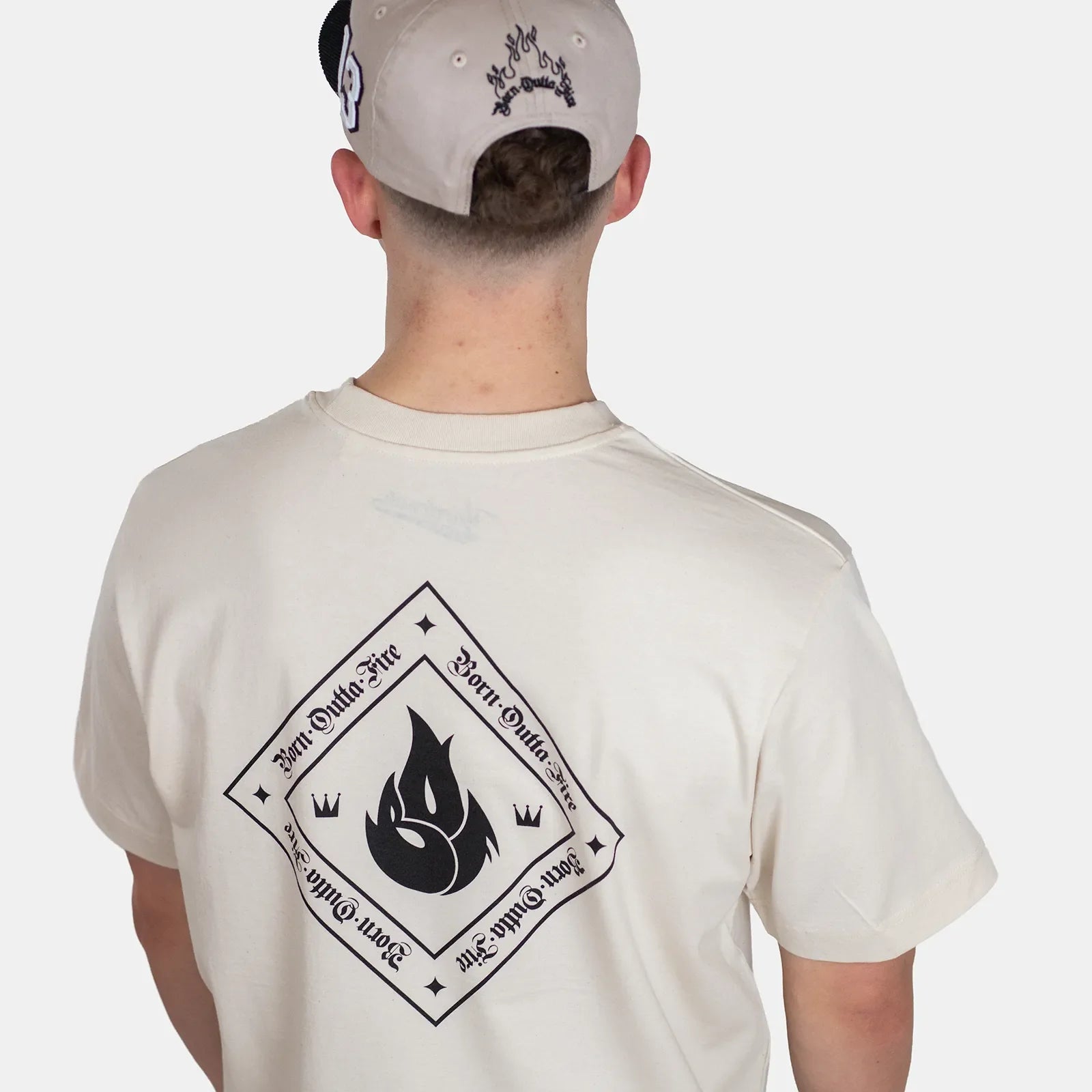 Born Outta Fire Flame Emblem Graphic Tee Natural Back Print - Streetwear T Shirts