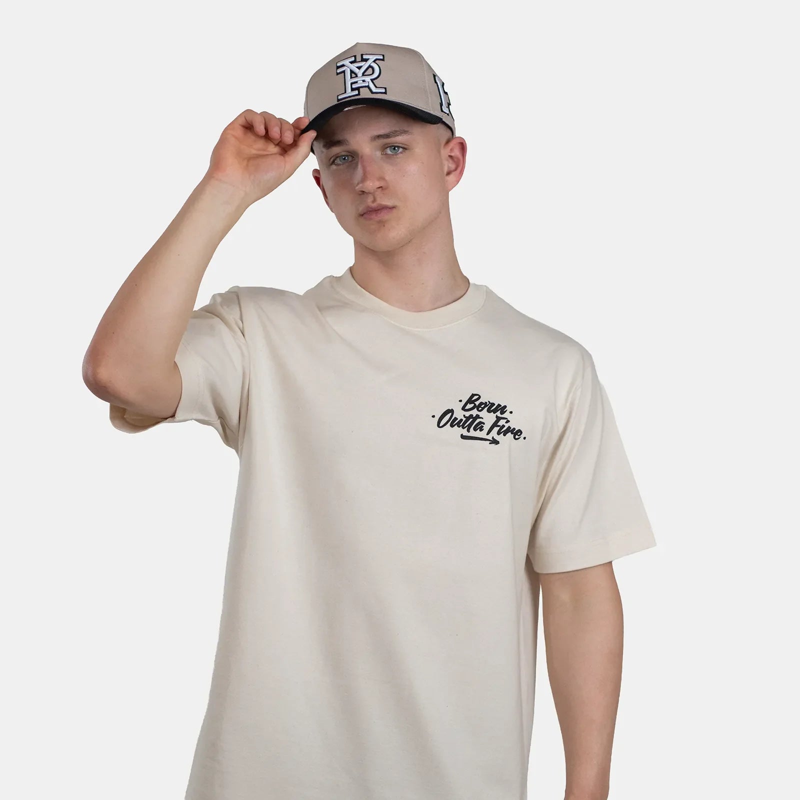 Born Outta Fire Flame Emblem Graphic Tee Natural Front View - Streetwear T Shirts