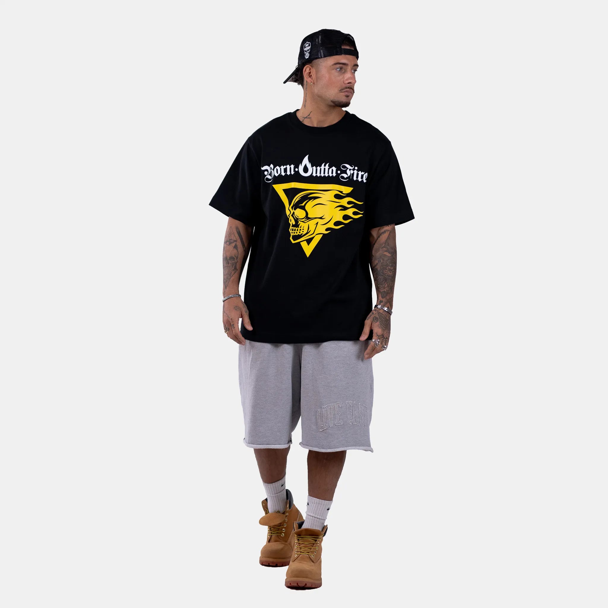 Born Outta Fire Flaming Skull Front Emblem T-Shirt Black/Yellow