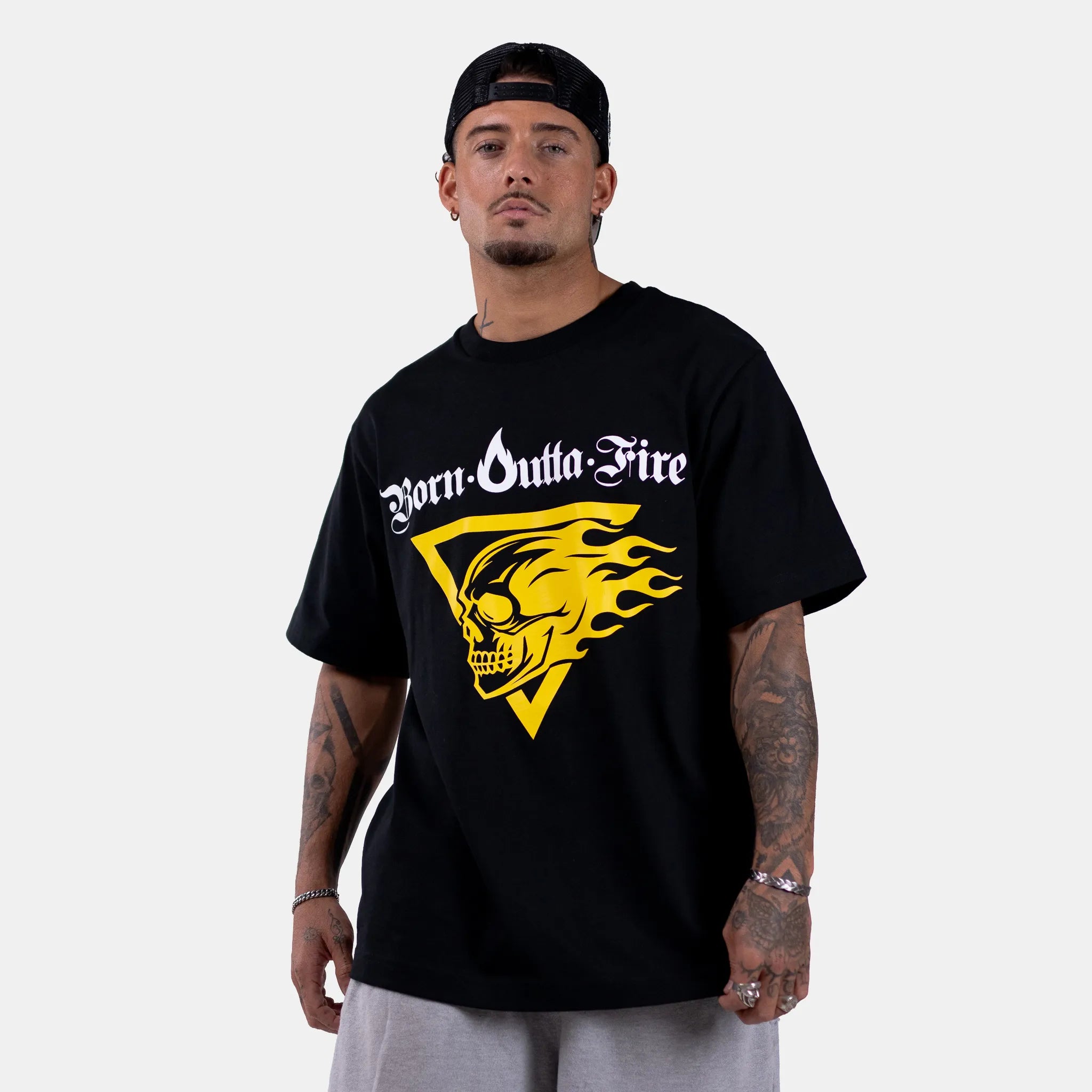 Born Outta Fire Flaming Skull Front Emblem T-Shirt Black/Yellow