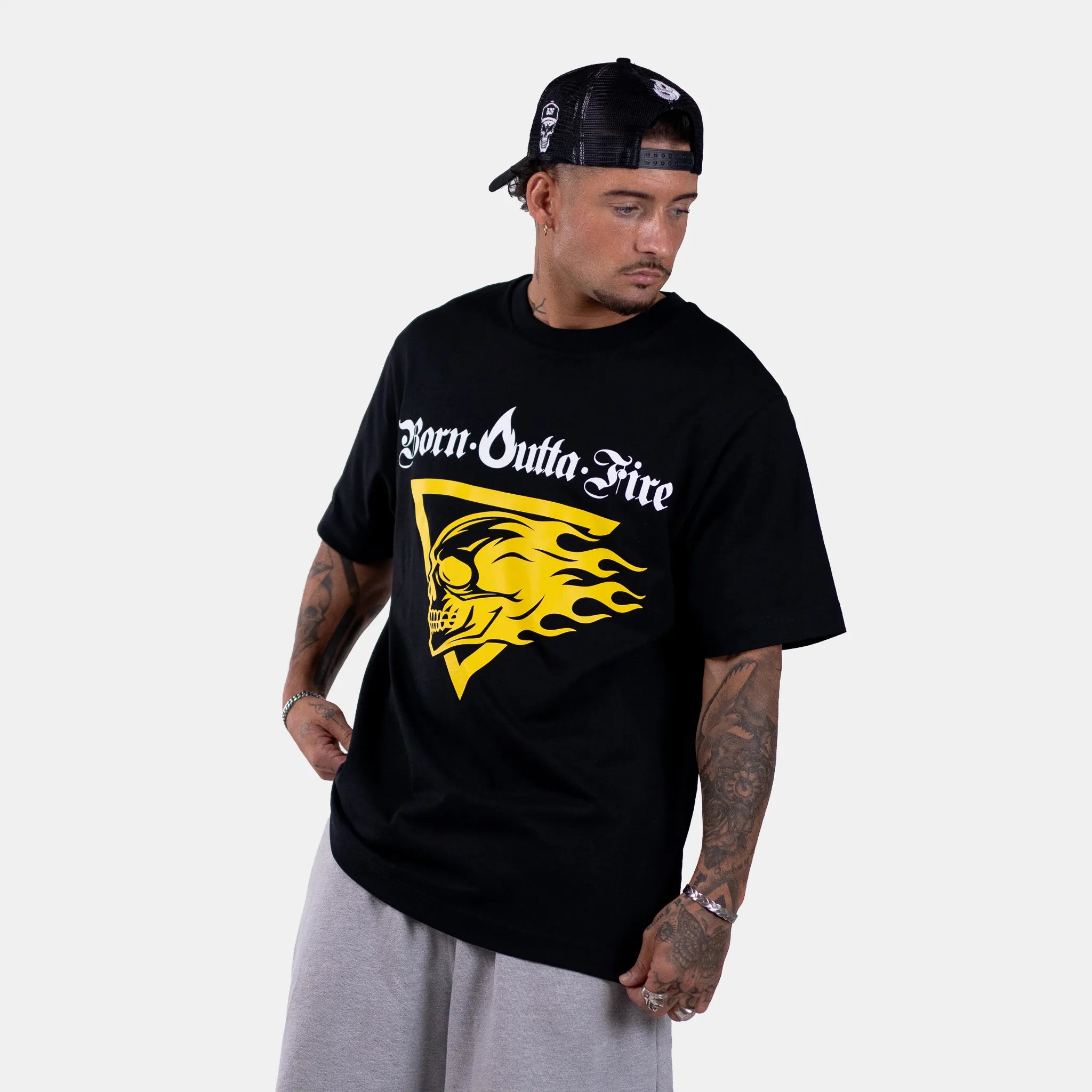 Born Outta Fire Flaming Skull Front Print T-Shirt Black/Yellow
