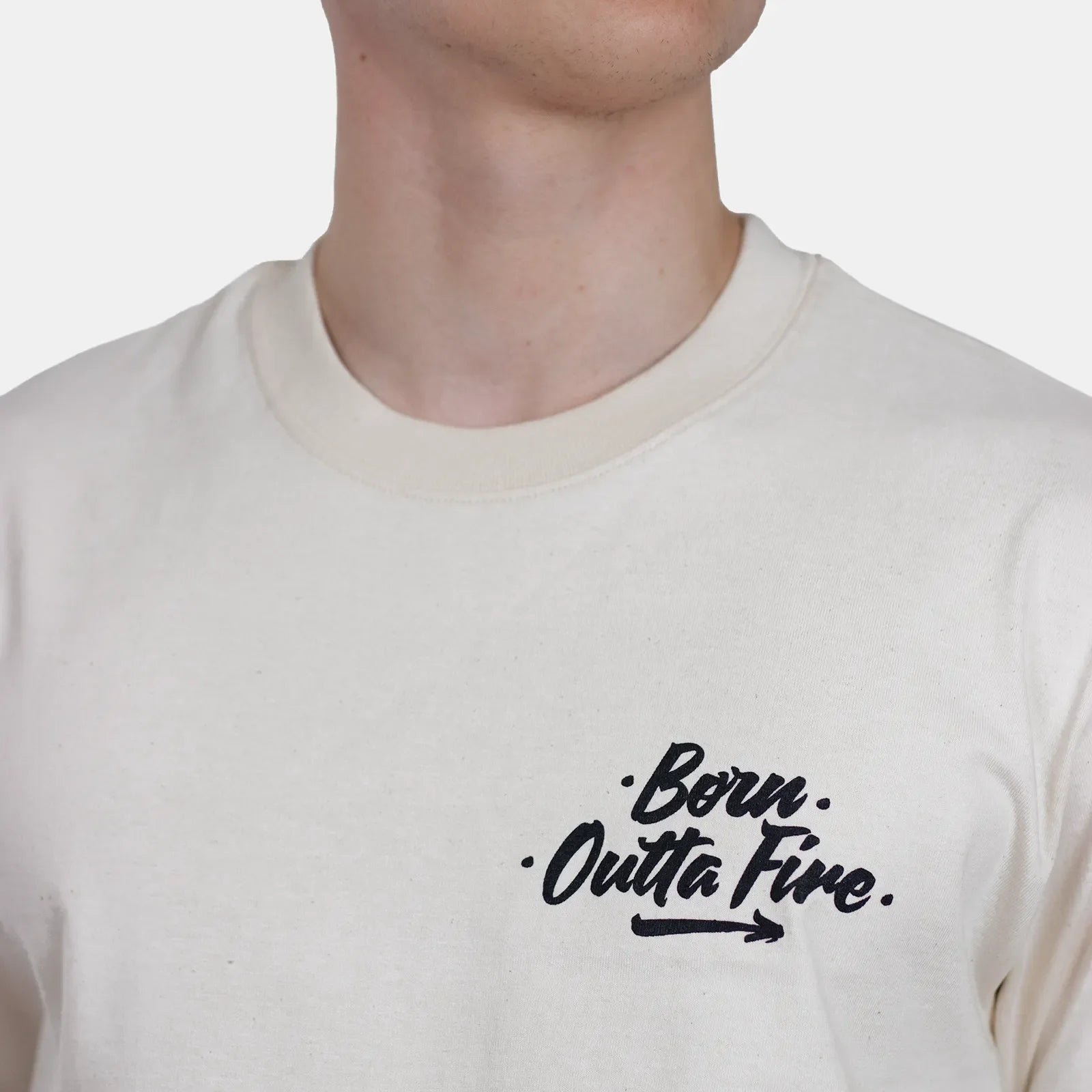 Born Outta Fire Flame Emblem Graphic Tee Natural Front Print - Streetwear T Shirts