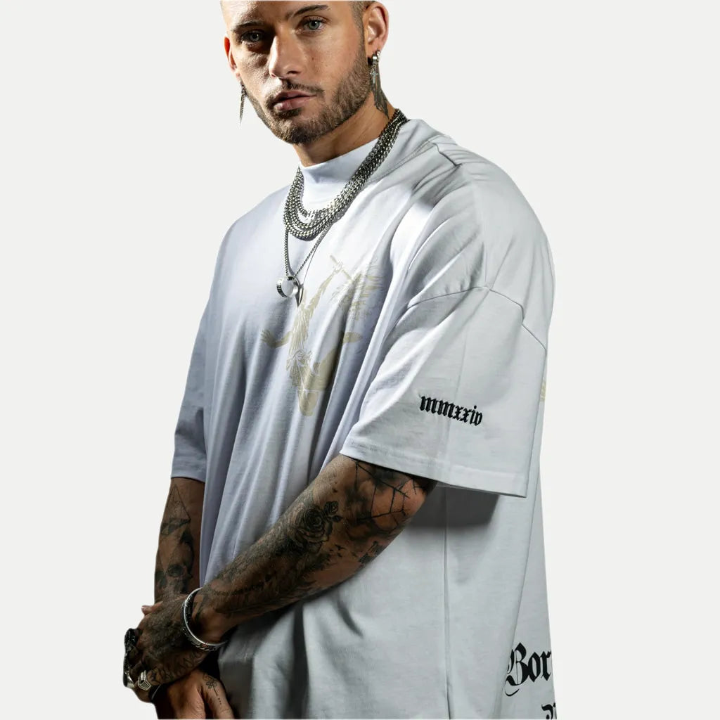 White Oversized Vulcan T-Shirt With Sand Print