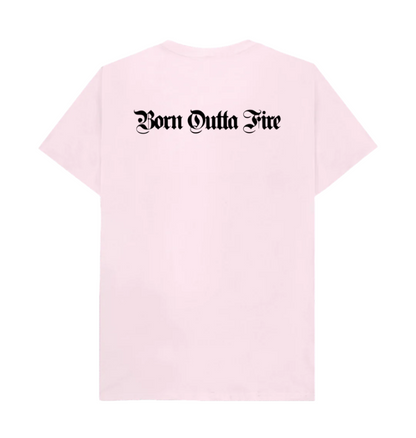 Born Outta Fire text on back of a pink Yardrock Clothing tee