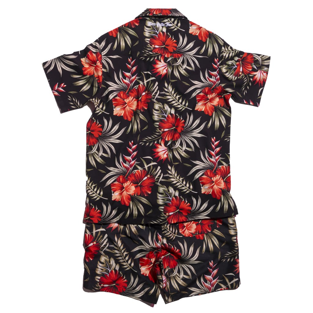 Red and Black Men's Floral Beach Set Shorts and Shirt