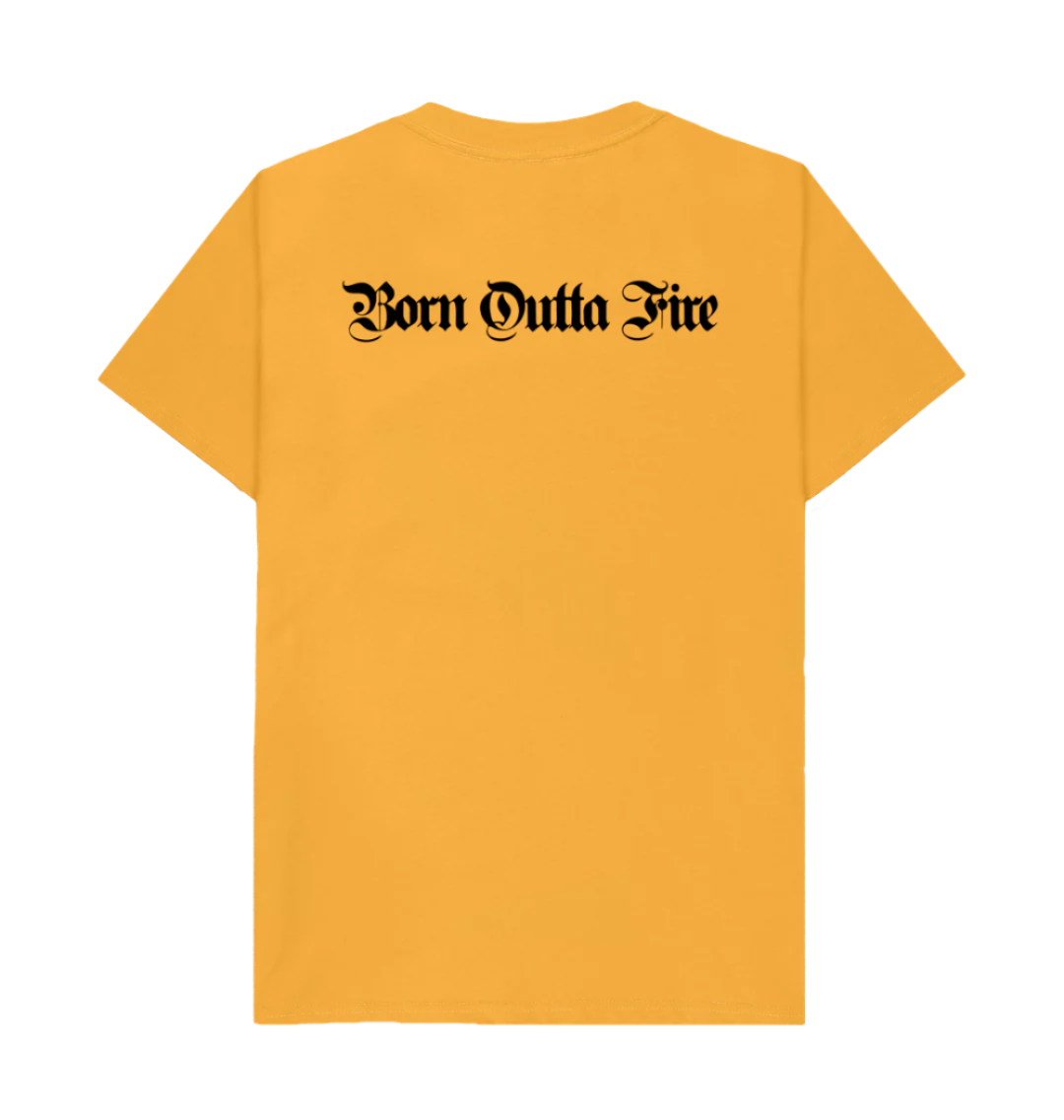 Mustard coloured Yardrock Clothing tee with Born Outta Road logo