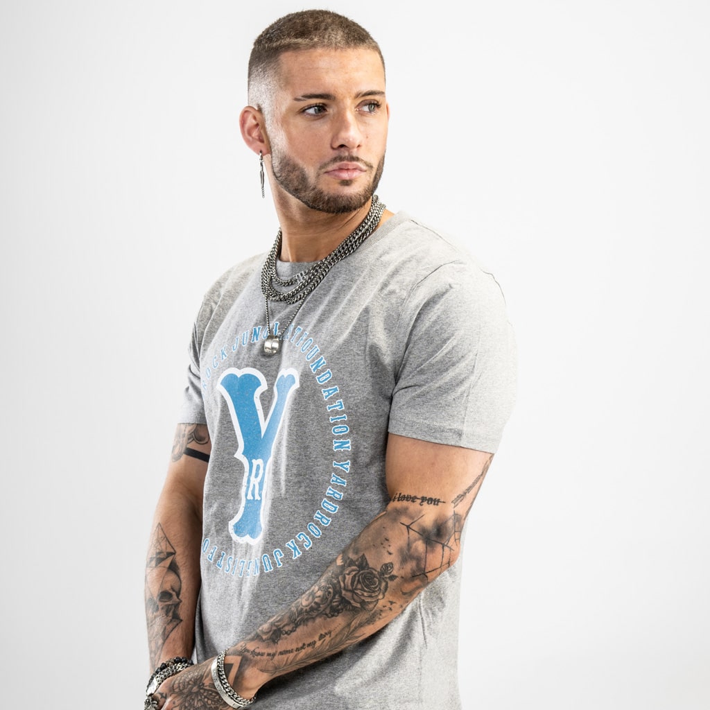 Distressed Light blue print on a grey t shirt