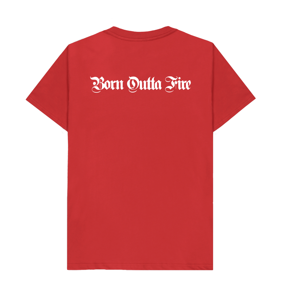 Red back of Born Outta Fire Yardrock Clothing t shirt