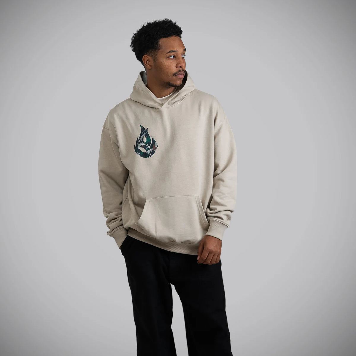 Jnglst Born Outta Fire collab Sand Hoody with Camo Flame Junglist