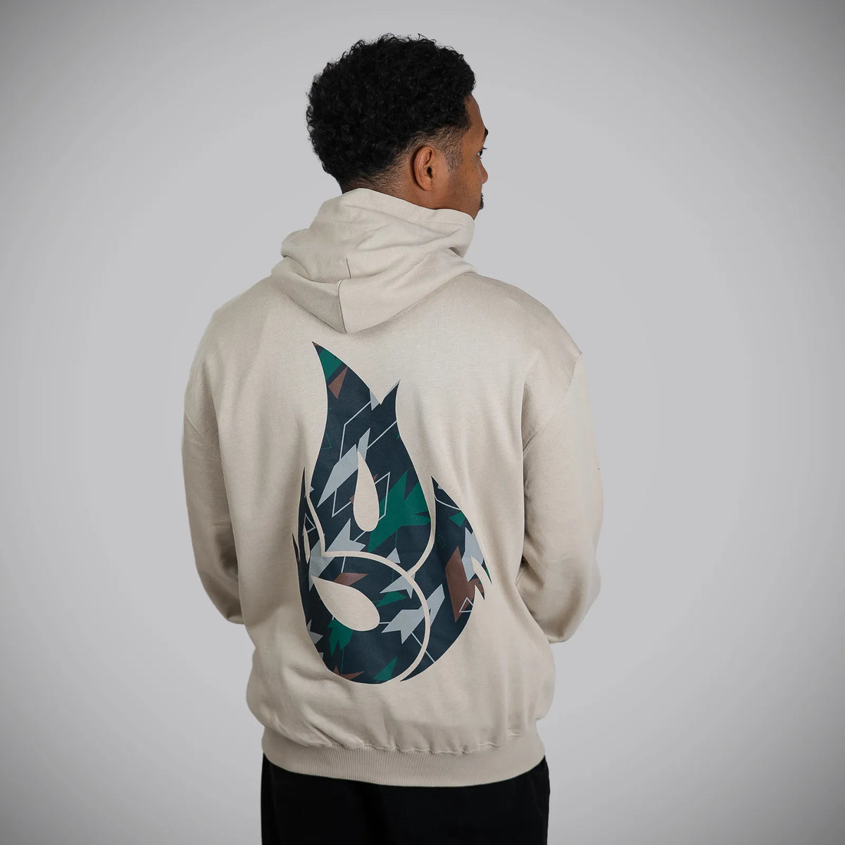 Jnglst Born Outta Fire collab Sand Hoody with Camo Flame Back Print
