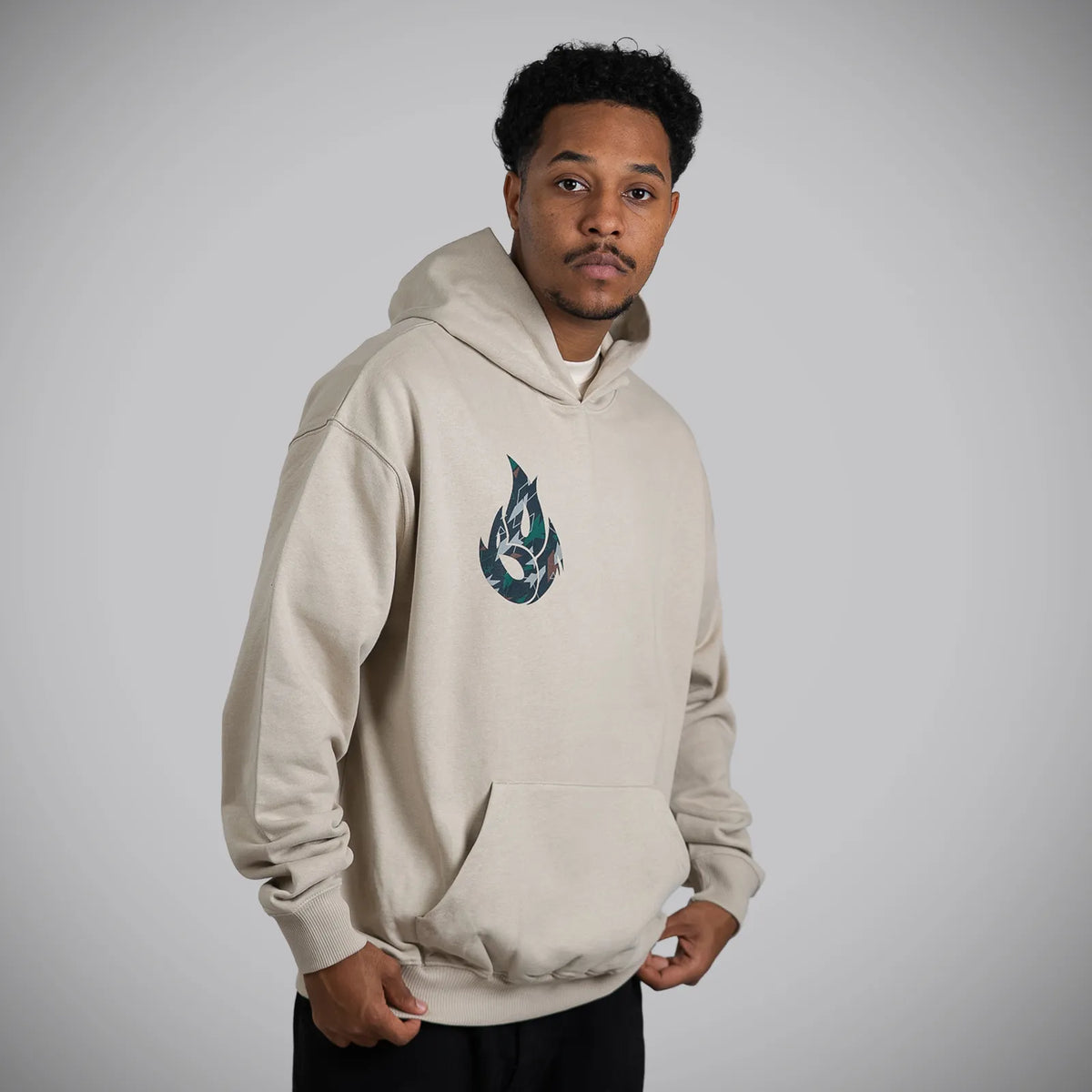 Jnglst Born Outta Fire collab Sand Hoody with Camo Flame