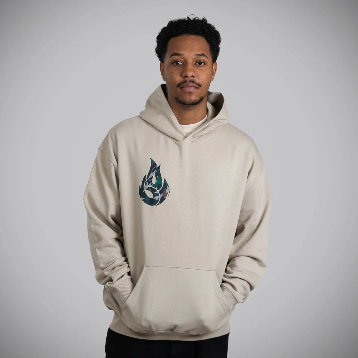 Jnglst Born Outta Fire collab Sand Hoody with Camo Flame DnB