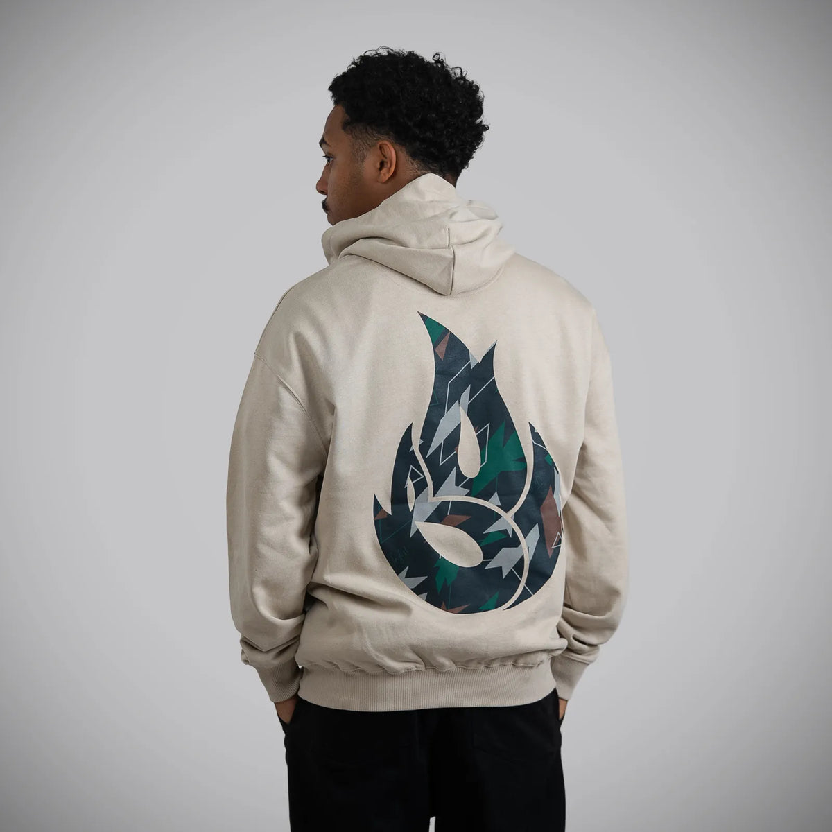 Jnglst Born Outta Fire collab Sand Hoody with Camo Flame Large Back Print