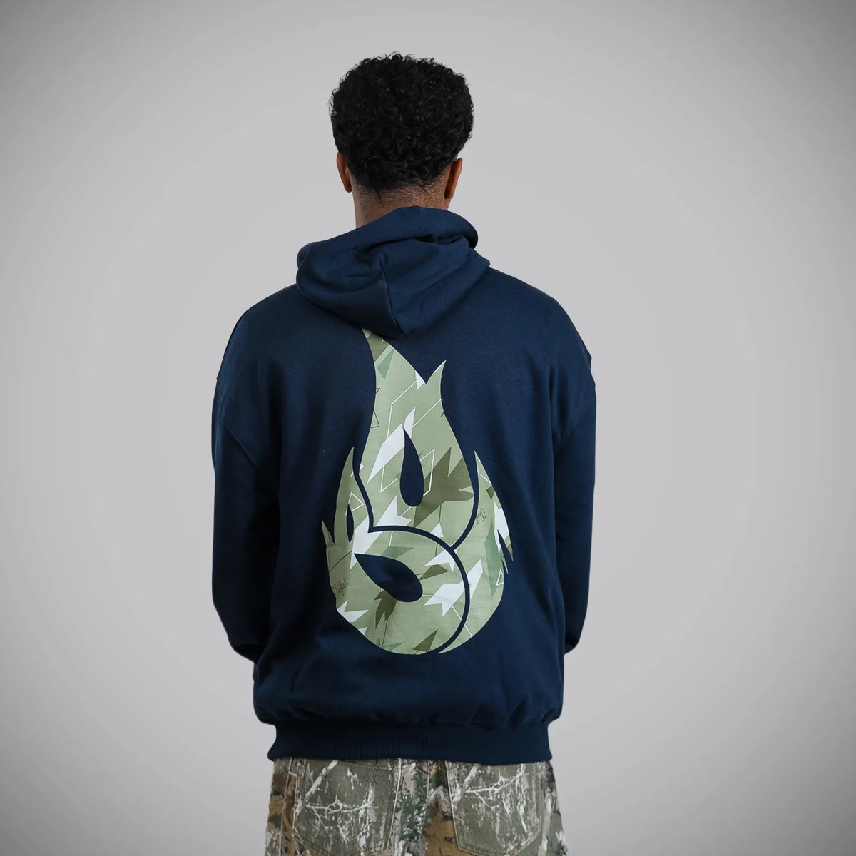 Jnglst Born Outta Fire Collab Navy Hoody with Camo Print Back Print