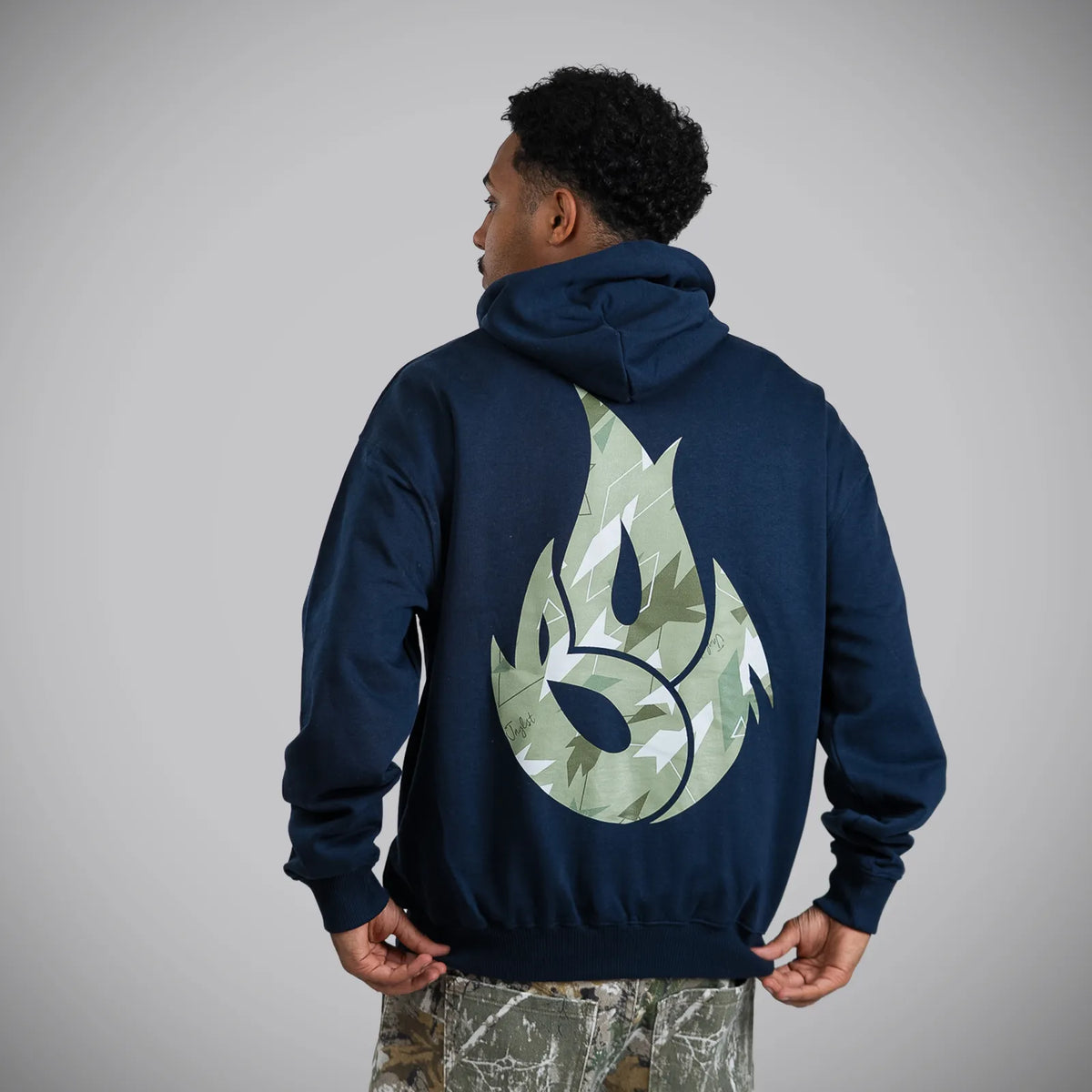 Jnglst Born Outta Fire Collab Navy Hoody with Camo Print UK Fashion