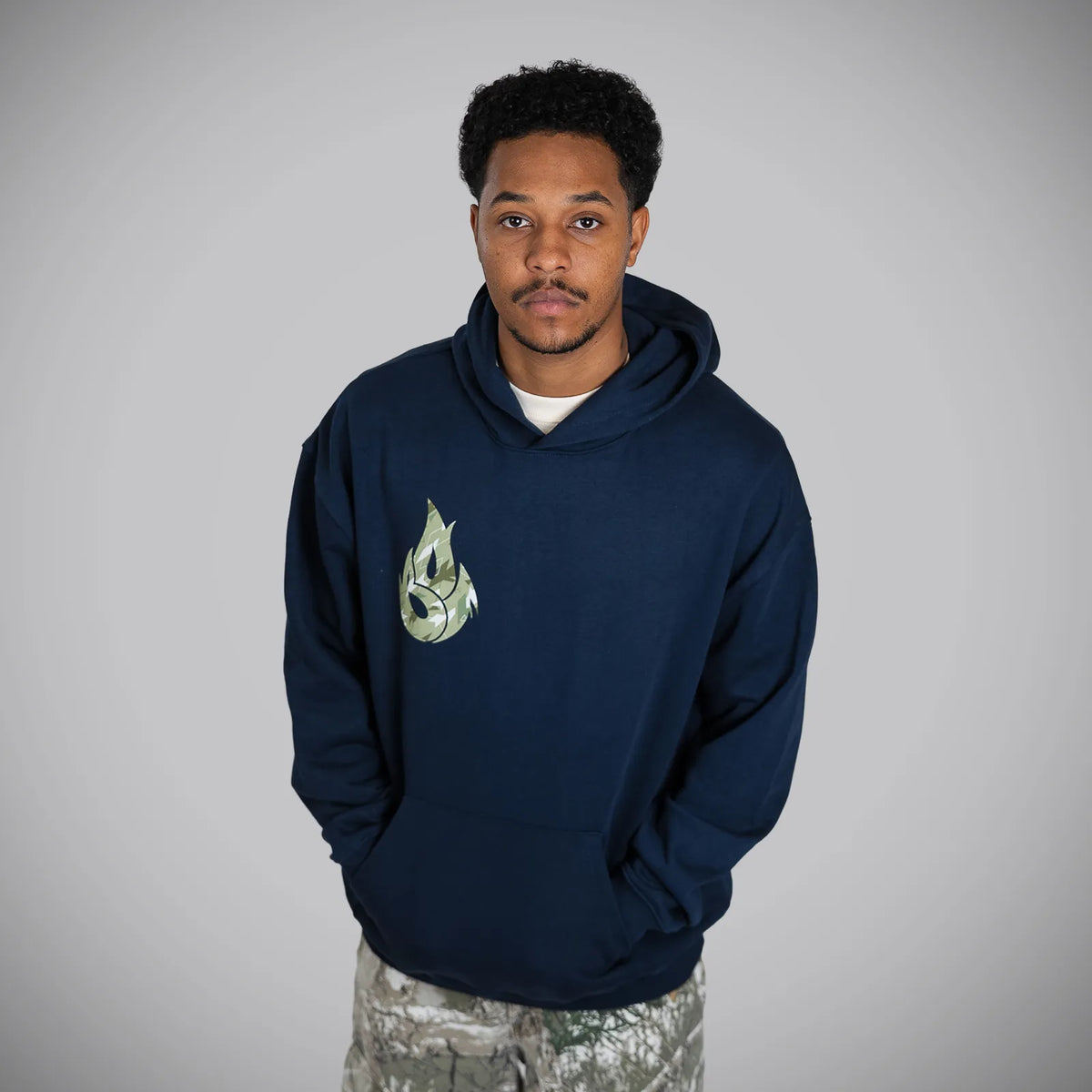 Jnglst Born Outta Fire Collab Navy Hoody with Camo Print DnB
