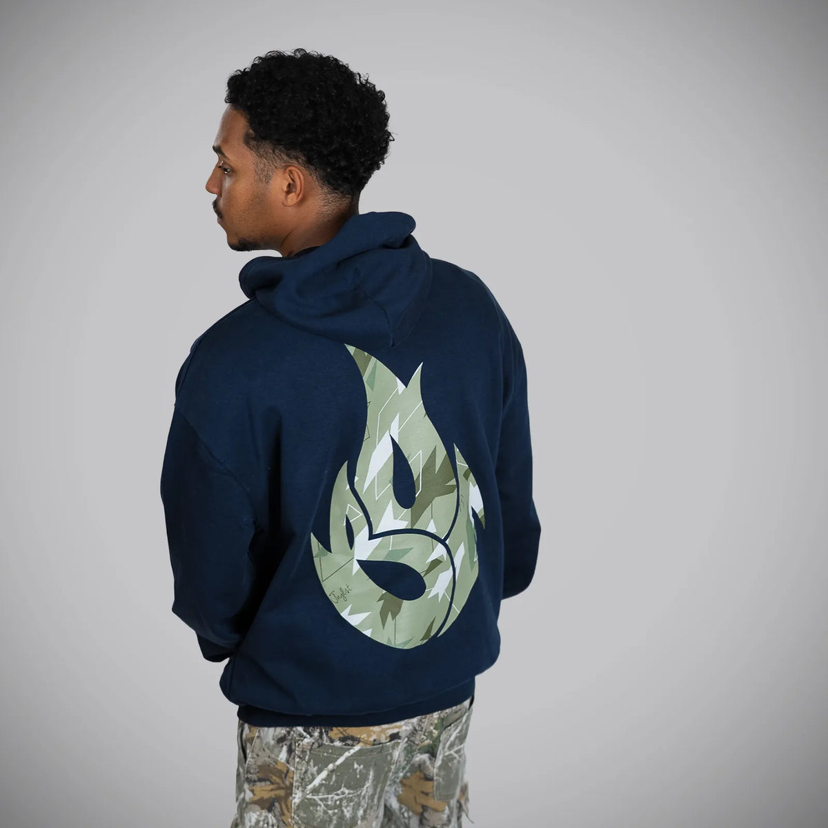 Jnglst Born Outta Fire Collab Navy Hoody with Camo Print Back Design