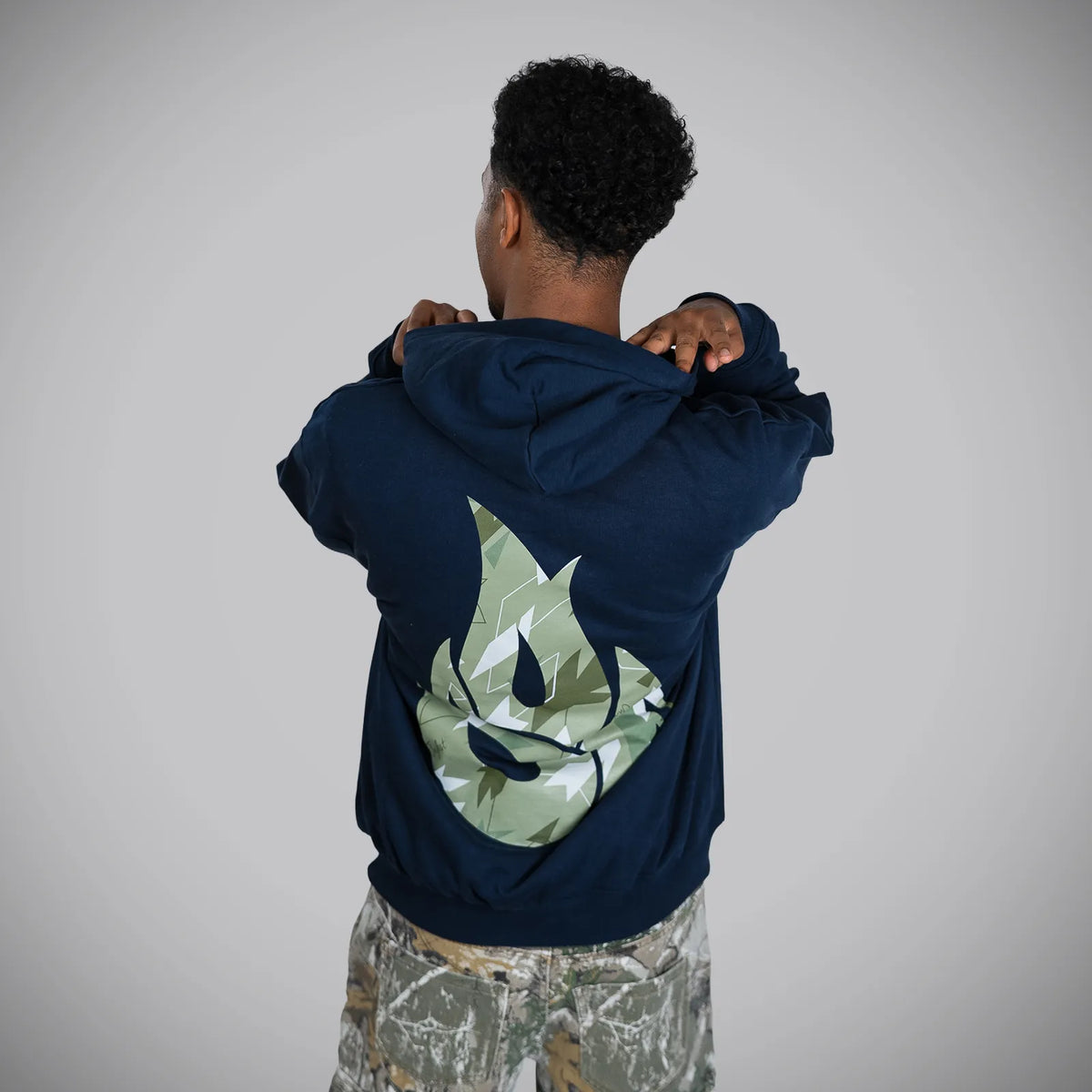 Jnglst Born Outta Fire Collab Navy Hoody with Camo Print Streetwear