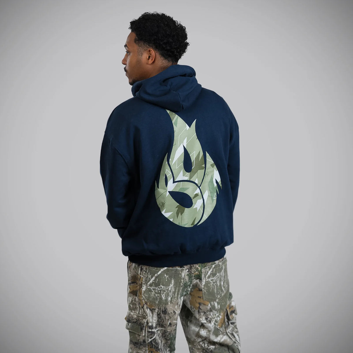 Jnglst Born Outta Fire Collab Navy Hoody with Camo Print
