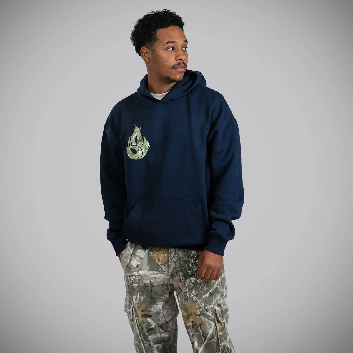 Jnglst Born Outta Fire Collab Navy Hoody with Camo Print Fashion