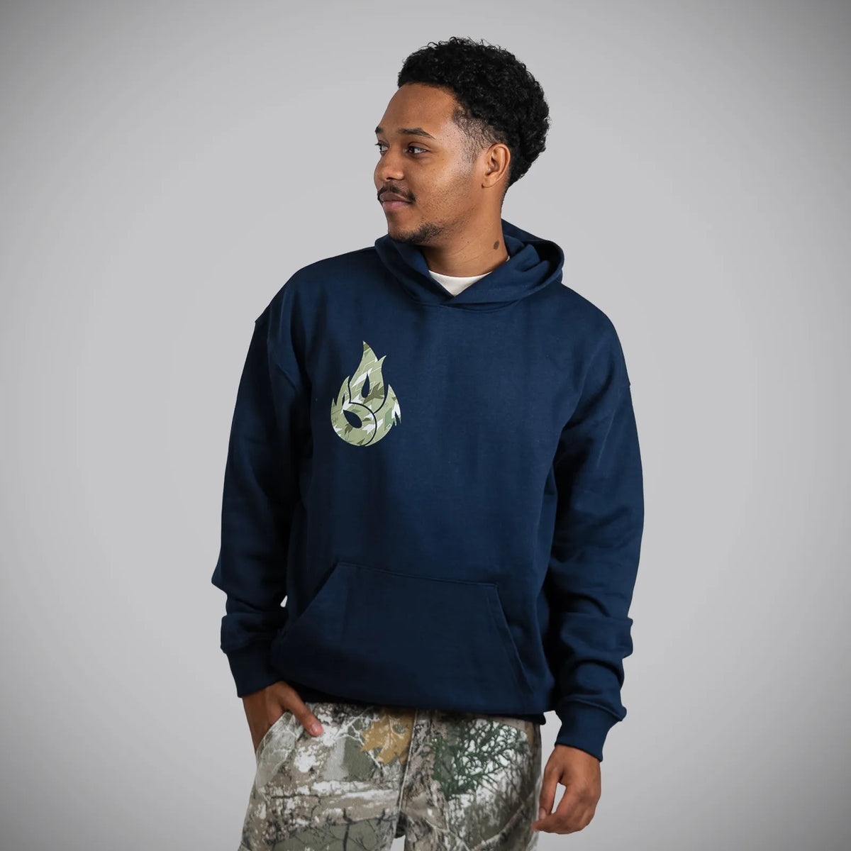 Jnglst Born Outta Fire Collab Navy Hoody with Camo Print Streetwear