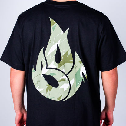 Black t-shirt with a green Camo design on the back against a plain background