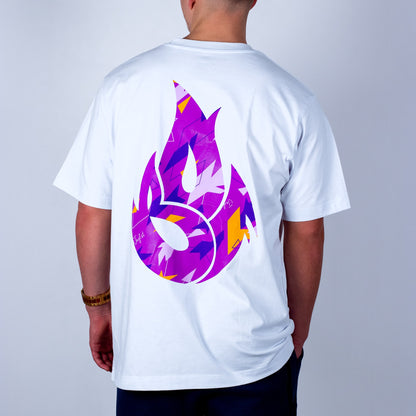 Person wearing a white t-shirt with a colorful flame logo on the back against a plain background