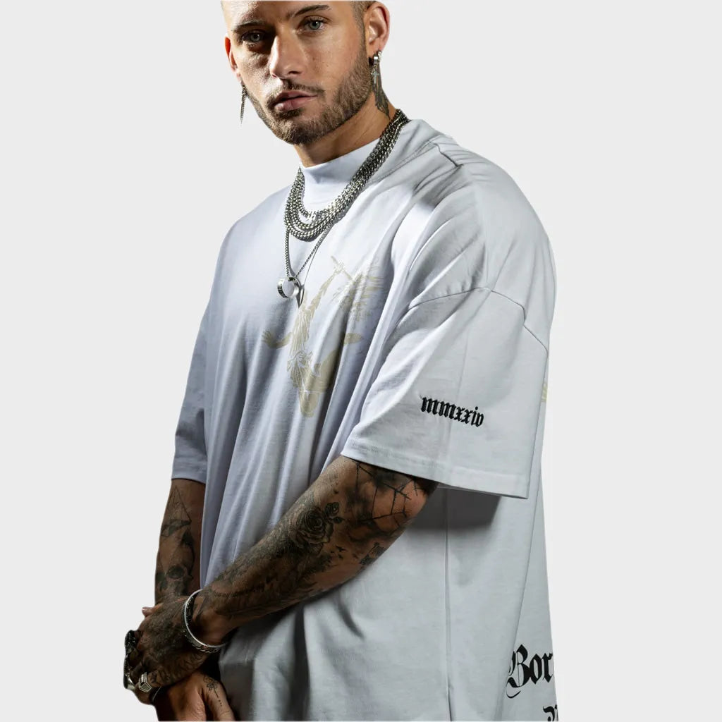 White Oversized Vulcan T-Shirt With Sand Print