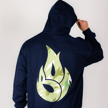 Navy blue hoodie with a green camo flame design on the back against a white background