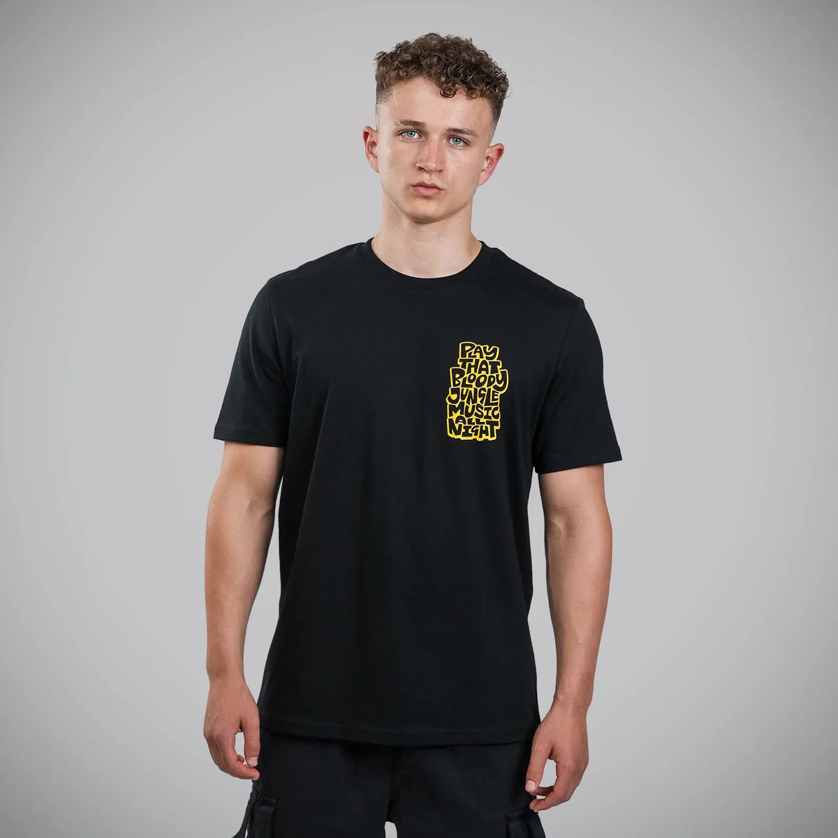 Play That Bloody Jungle Music All Night model wearing new Junglist t-Shirt