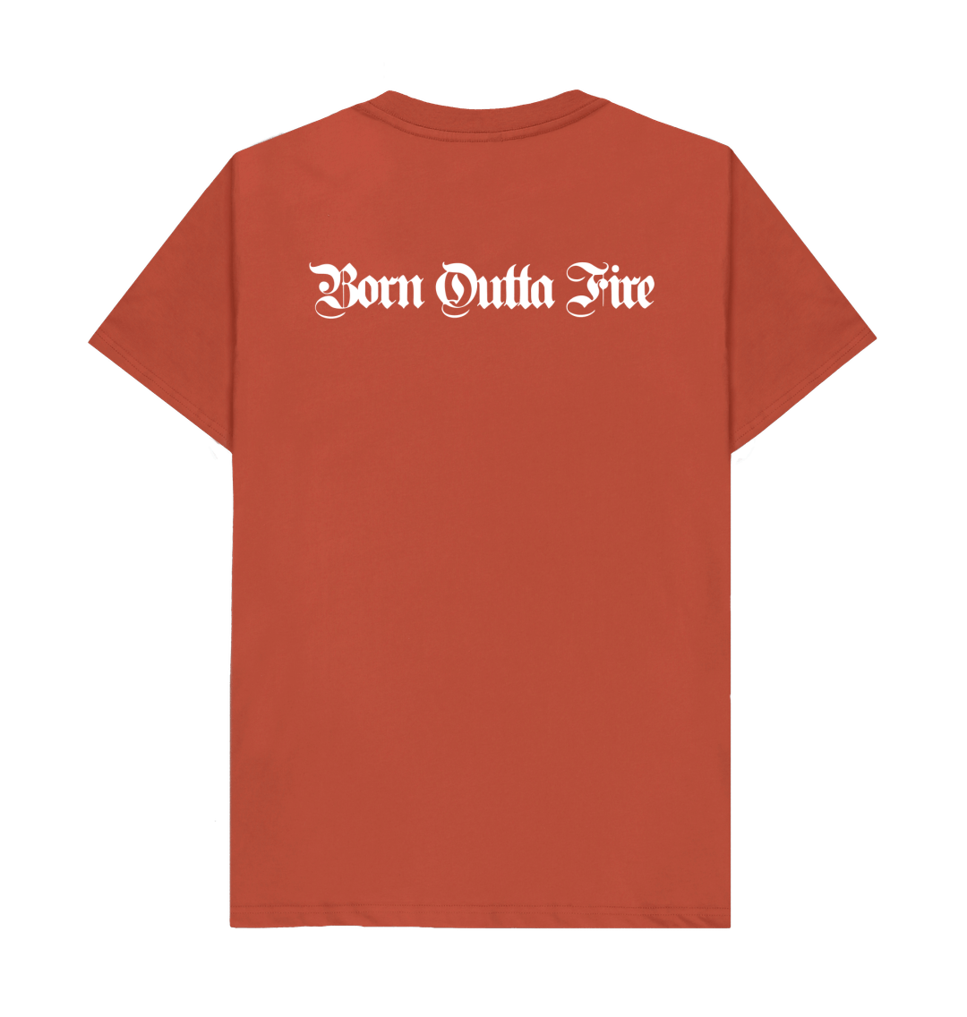 Back of rust coloured Yardrock Clothing tee with Born Outta Road text