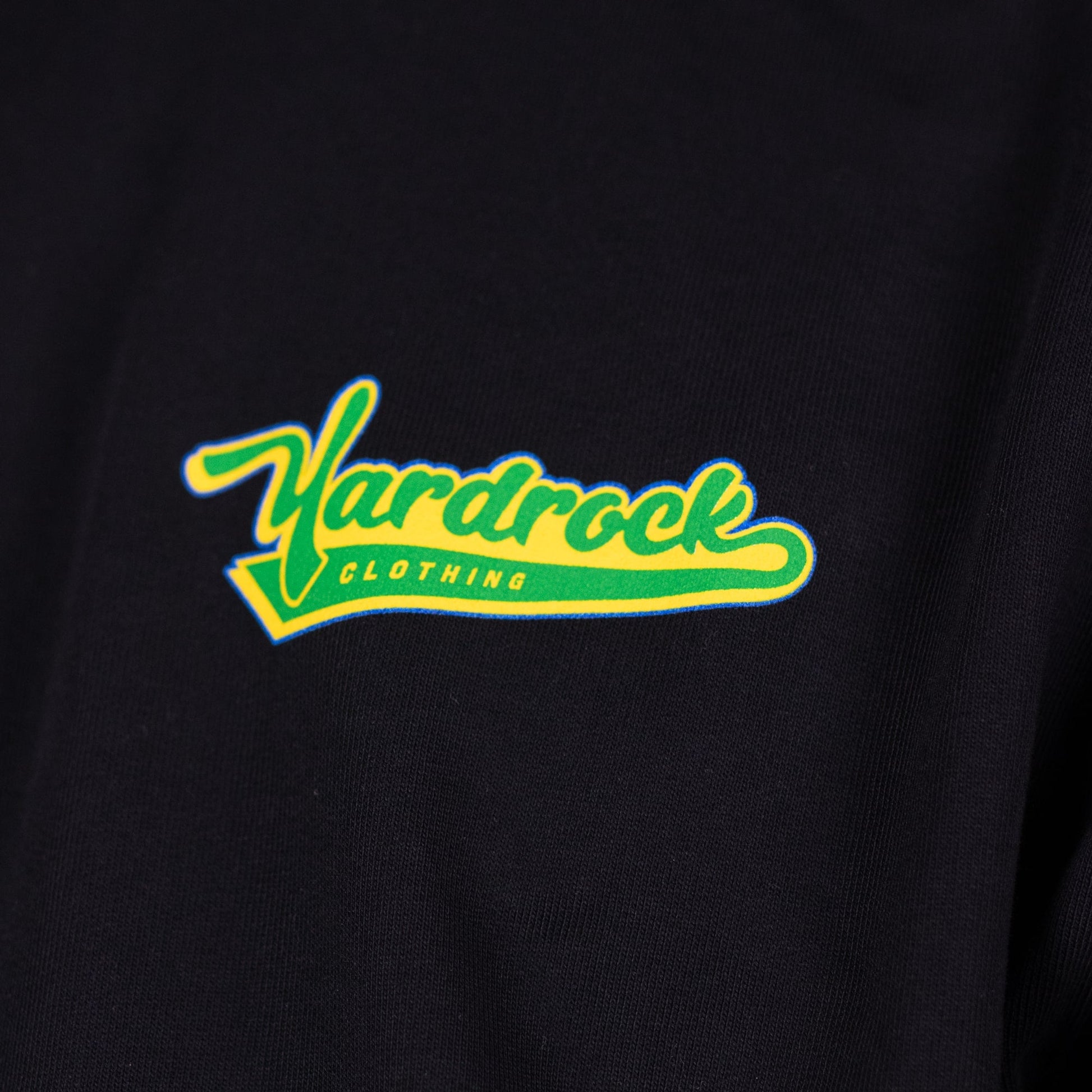 Black sweatshirt with 'Yardrock Clothing' logo in yellow and green on a black background