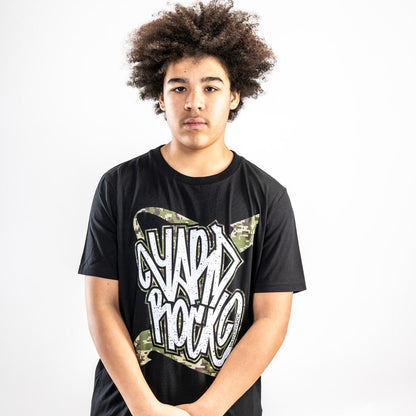 Black Grafitti Tagger T Shirt with Camo